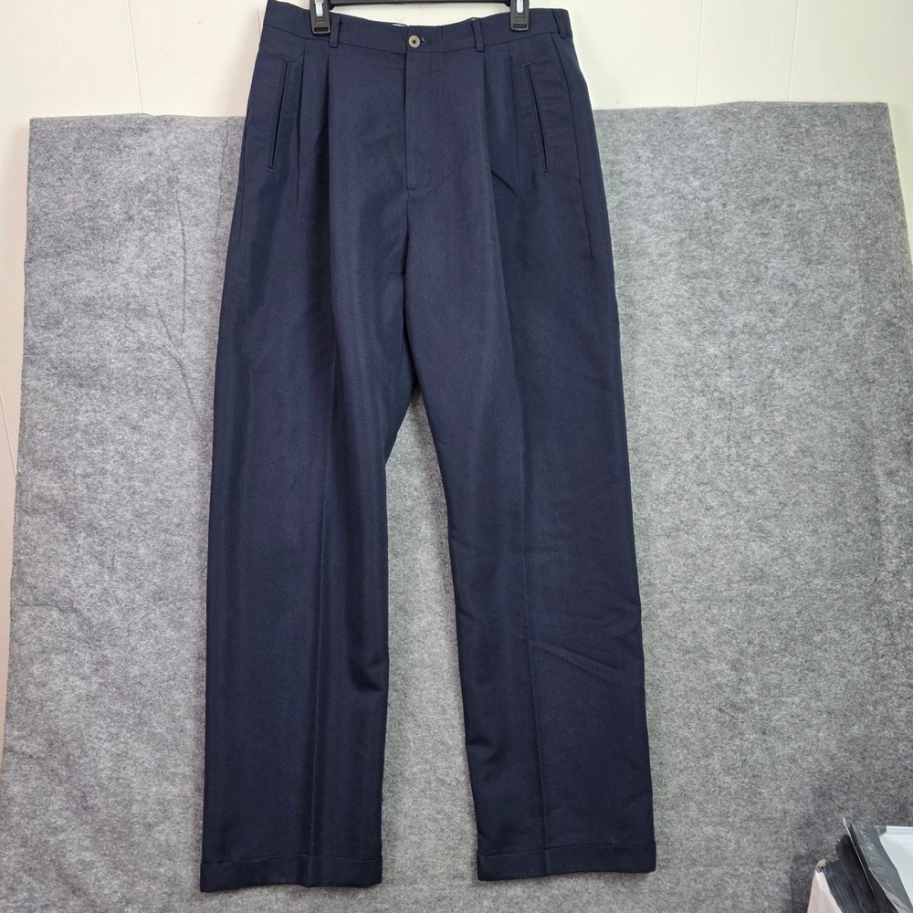 Mens Navy Blue Pleated Twill Trousers Cuffed Dress Pants 34x34